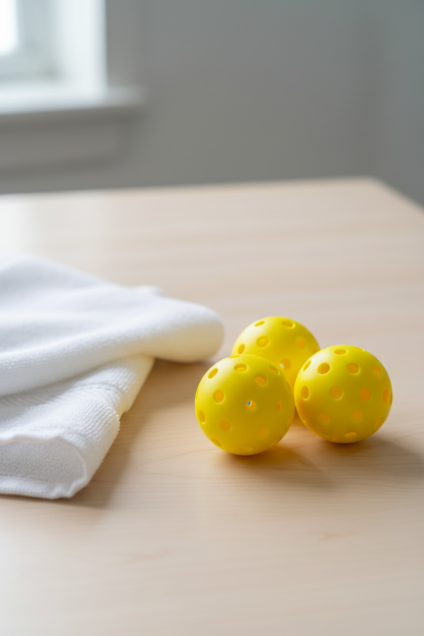Proper pickleballs with holes and white towel